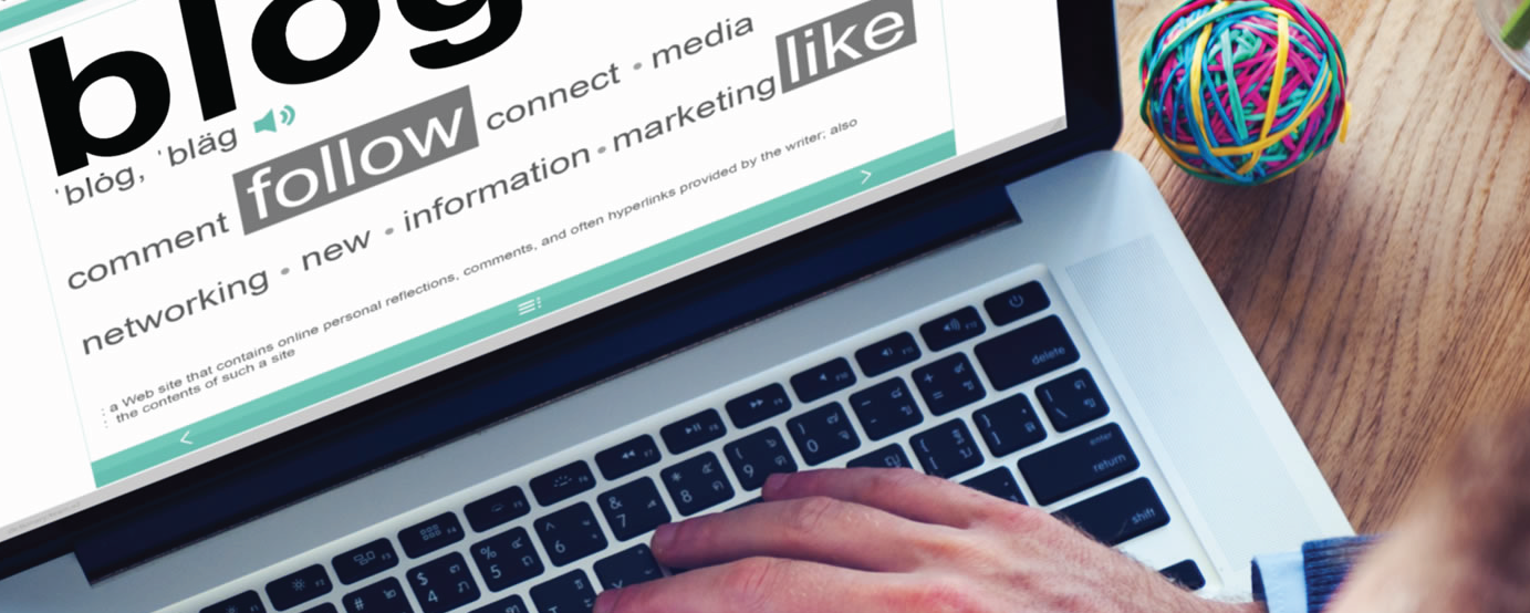 laptop open to page with text blog comment follow connect media networking new information marketing like