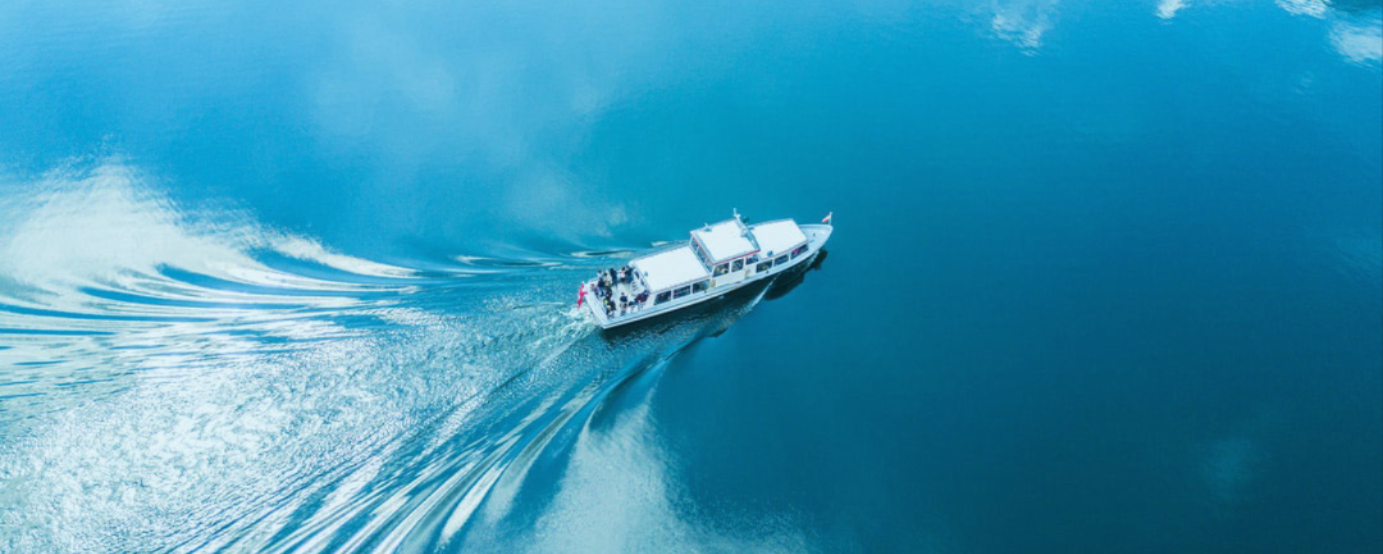 aerial view of boat in water carrying many people