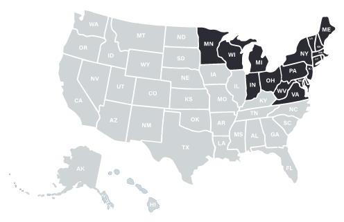 Map of the United States with the states of the Great Lakes and Northeast Region highlighted, including, Minesota, Wisconsin, Michigan, Indiana, Ohio, Maine, Hew Hampshire, Vermont, New York, Massachusetts, Connecticut, Rhode Island, Pennsylvania, New Jersey, Maryland, Delaware, Washington DC, West Virginia, and Virginia